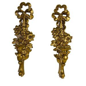 MCM Candlestick Holder Wall Sconce VTG Hollywood Regency Gold Floral Ribbon